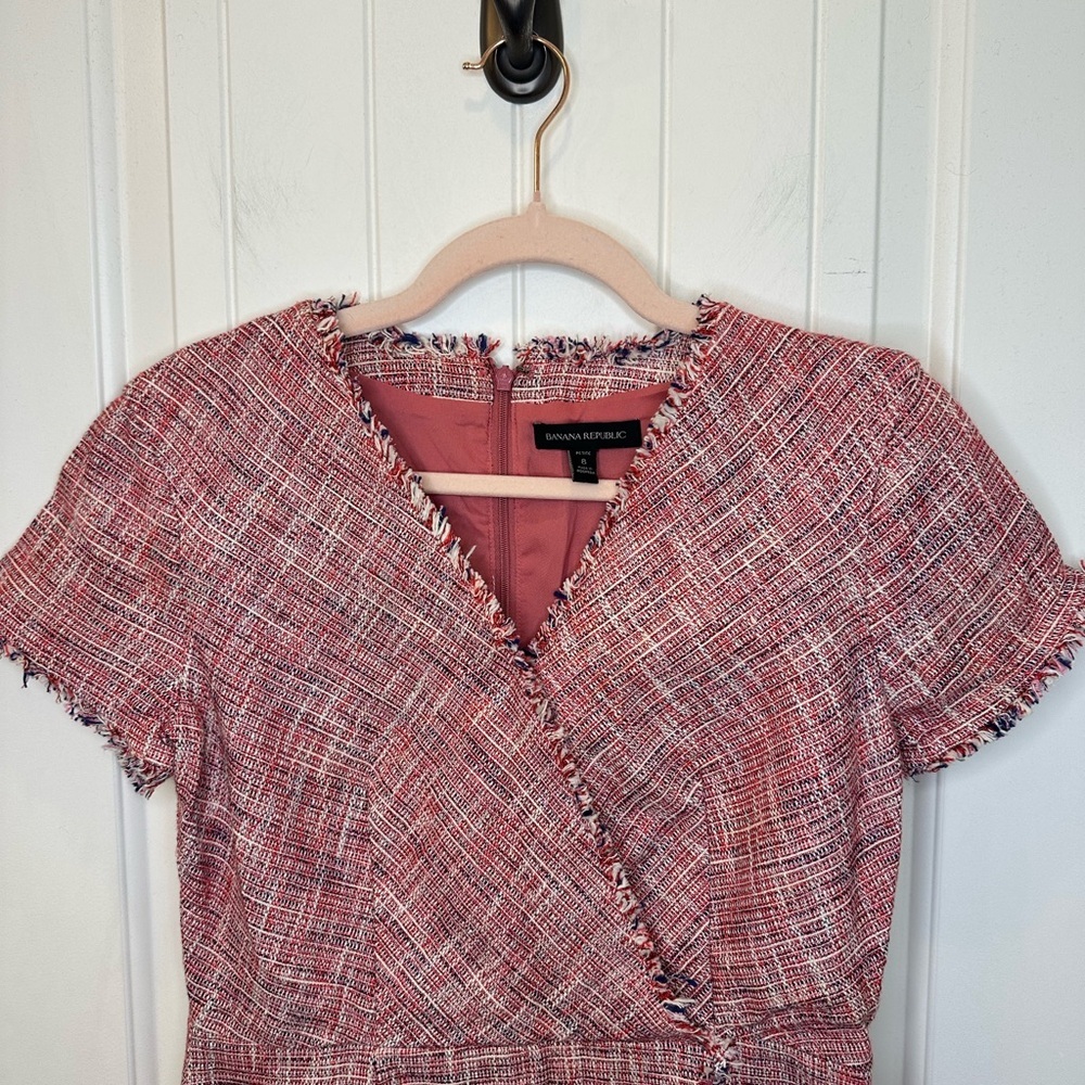 Banana Republic Pink Tweed Fringed Faux Wrap Sheath Dress 8P - Picture 5 of 8